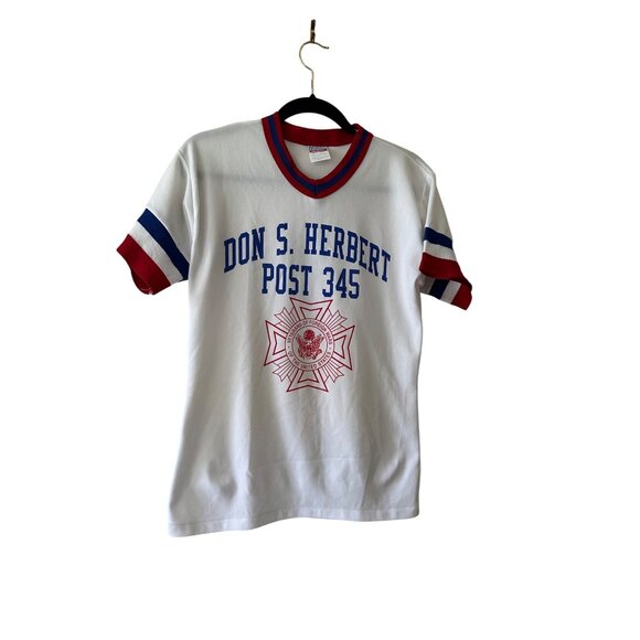 70s White Baseball Short Sleeve Ringer Tee Veterans Of Foreign Wars Athletic M - Picture 1 of 8